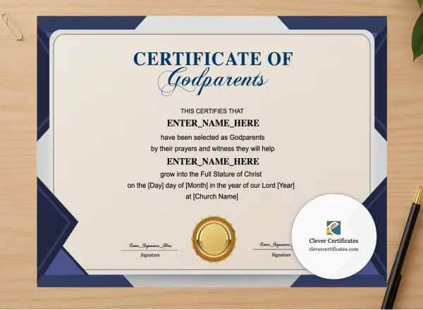 Professional preview of Godparents Certificate Landscape certificate on high-quality stationery paper, ideal for showcasing the final look.