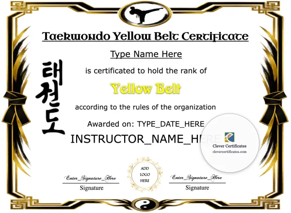 Free Taekwondo Yellow Belt Certificate