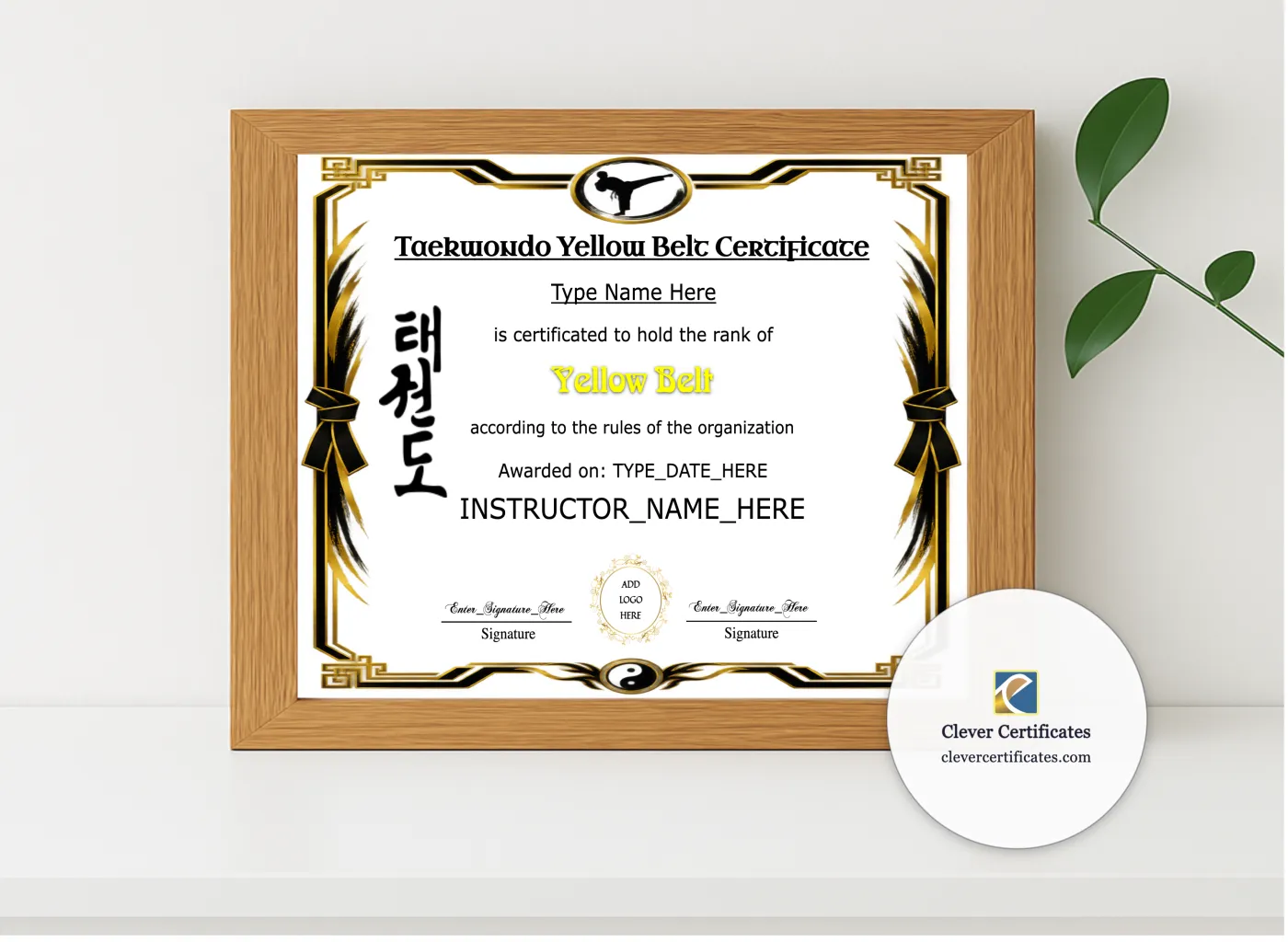 Realistic mockup featuring Taekwondo Yellow Belt Certificate displayed within a modern frame, set against a minimalistic background.