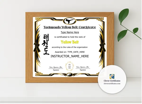 Realistic mockup featuring Taekwondo Yellow Belt Certificate displayed within a modern frame, set against a minimalistic background.
