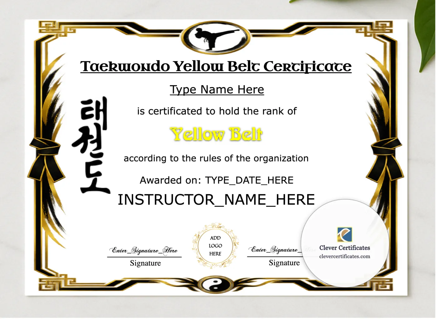 Taekwondo Yellow Belt Certificate presented in a sleek wooden frame, elegantly arranged on a stylish table.