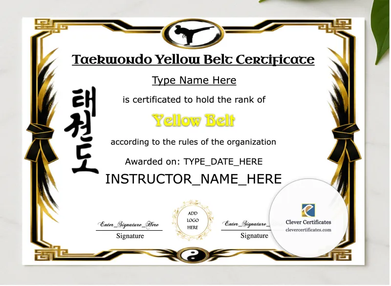 Taekwondo Yellow Belt Certificate presented in a sleek wooden frame, elegantly arranged on a stylish table.