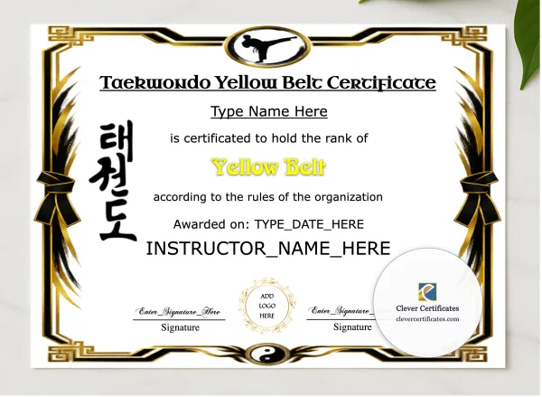 Taekwondo Yellow Belt Certificate presented in a sleek wooden frame, elegantly arranged on a stylish table.