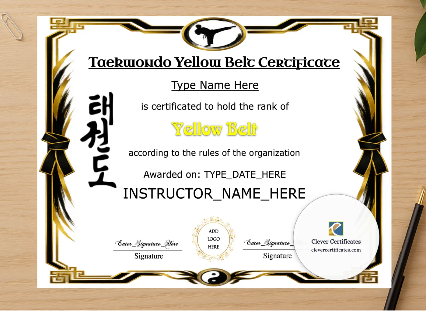 Professional preview of Taekwondo Yellow Belt Certificate certificate on high-quality stationery paper, ideal for showcasing the final look.