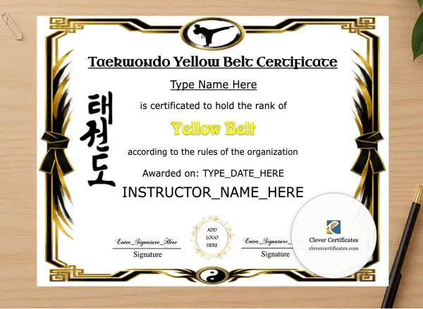 Professional preview of Taekwondo Yellow Belt Certificate certificate on high-quality stationery paper, ideal for showcasing the final look.
