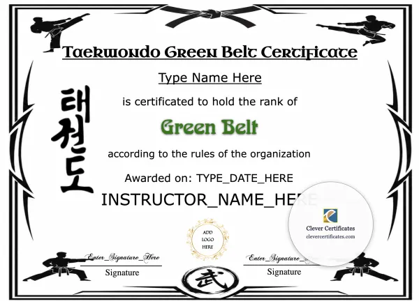 Free Taekwondo Green Belt Certificate