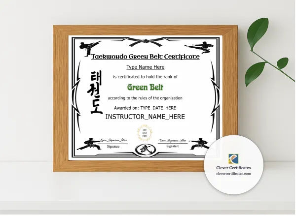 Realistic mockup featuring Taekwondo Green Belt Certificate displayed within a modern frame, set against a minimalistic background.