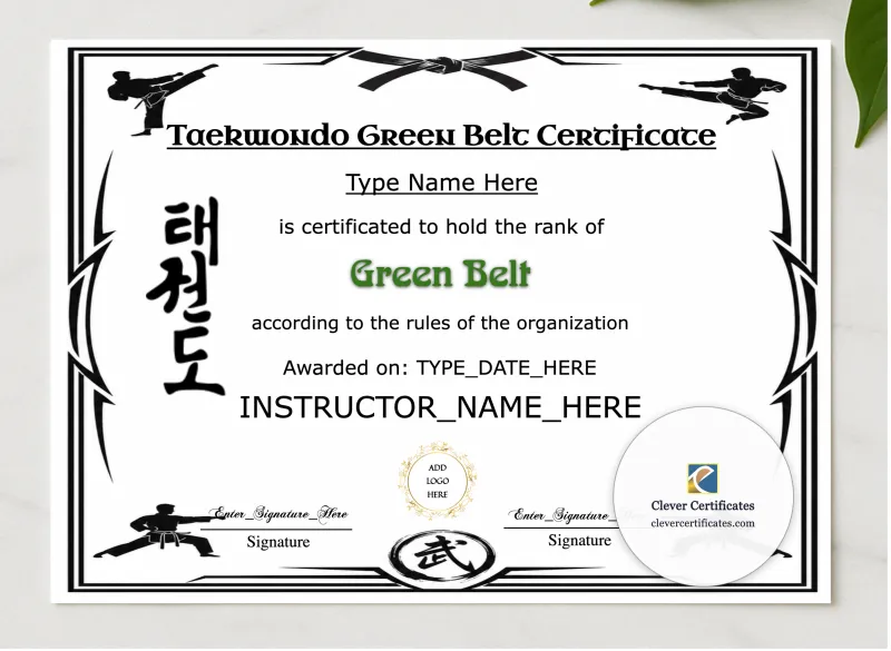 Taekwondo Green Belt Certificate presented in a sleek wooden frame, elegantly arranged on a stylish table.