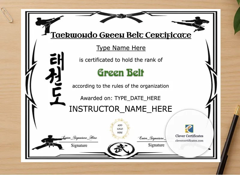 Professional preview of Taekwondo Green Belt Certificate certificate on high-quality stationery paper, ideal for showcasing the final look.