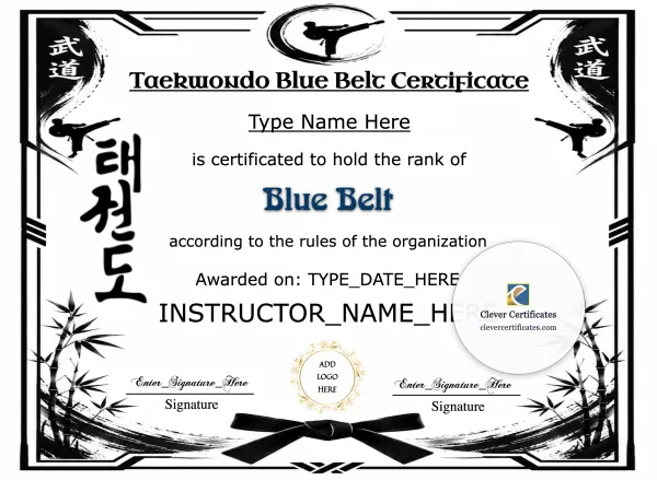 Free Taekwondo Blue Belt Certificate