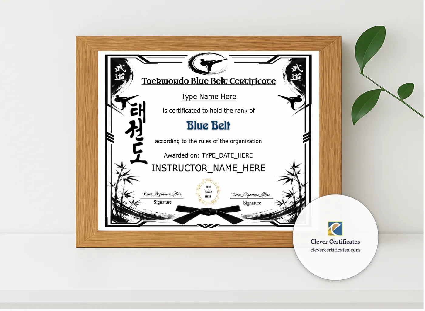 Realistic mockup featuring Taekwondo Blue Belt Certificate displayed within a modern frame, set against a minimalistic background.