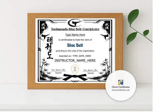 Realistic mockup featuring Taekwondo Blue Belt Certificate displayed within a modern frame, set against a minimalistic background.