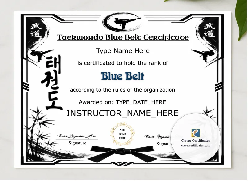 Taekwondo Blue Belt Certificate presented in a sleek wooden frame, elegantly arranged on a stylish table.