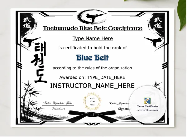 Taekwondo Blue Belt Certificate presented in a sleek wooden frame, elegantly arranged on a stylish table.