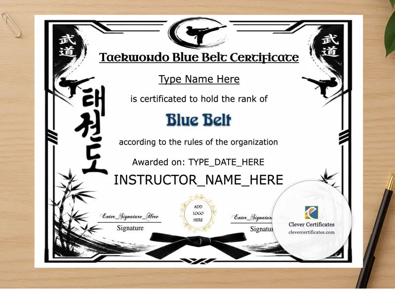 Professional preview of Taekwondo Blue Belt Certificate certificate on high-quality stationery paper, ideal for showcasing the final look.