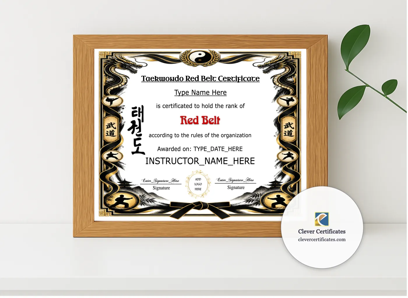 Realistic mockup featuring Taekwondo Red Belt Certificate displayed within a modern frame, set against a minimalistic background.