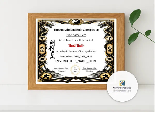 Realistic mockup featuring Taekwondo Red Belt Certificate displayed within a modern frame, set against a minimalistic background.