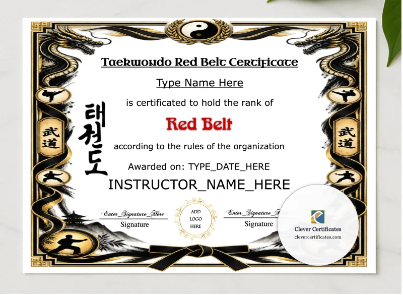 Taekwondo Red Belt Certificate presented in a sleek wooden frame, elegantly arranged on a stylish table.