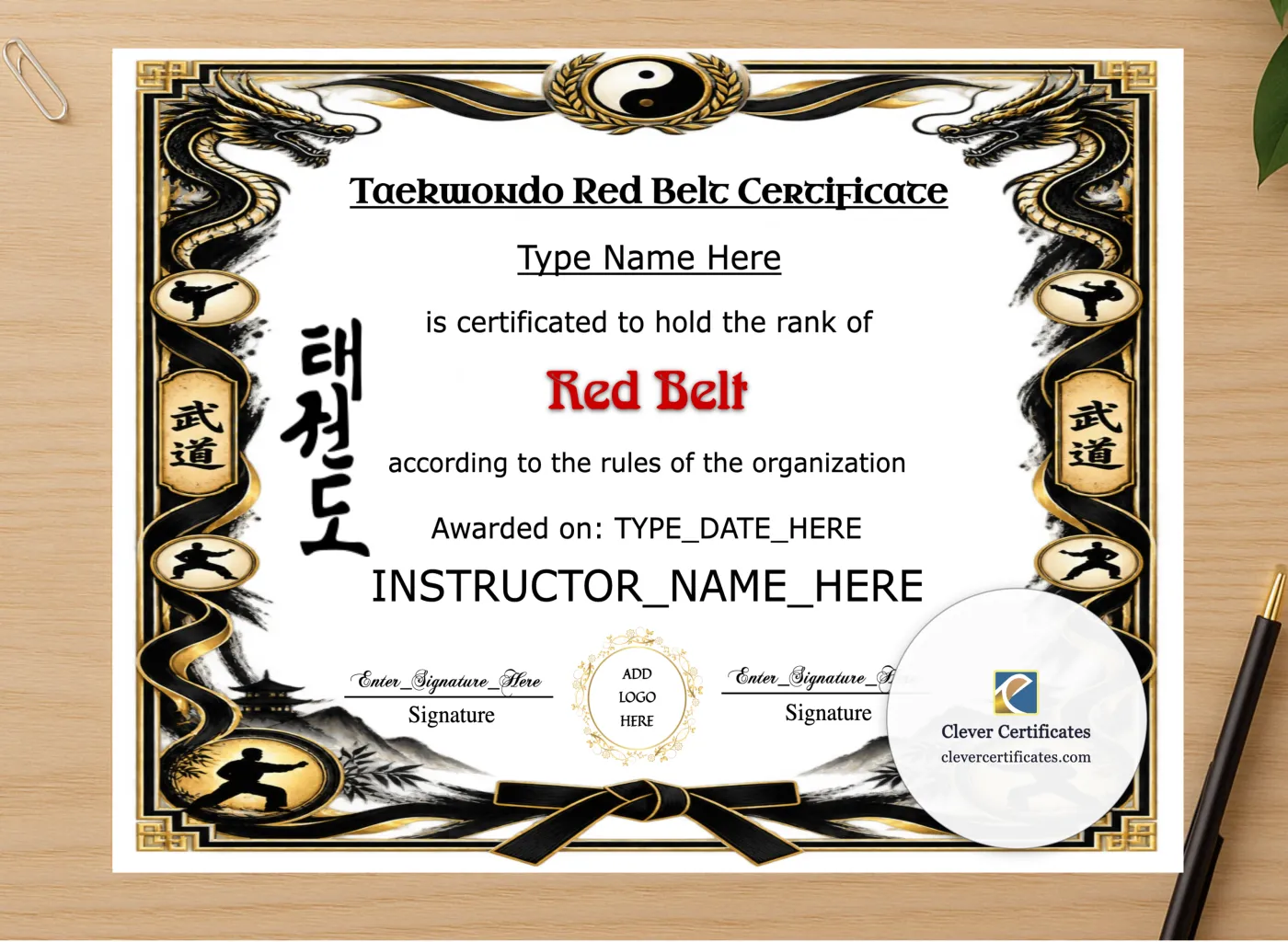 Professional preview of Taekwondo Red Belt Certificate certificate on high-quality stationery paper, ideal for showcasing the final look.