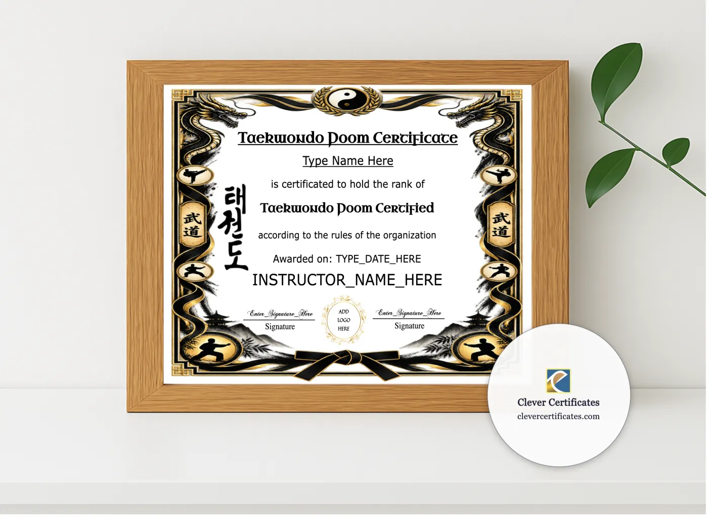 Realistic mockup featuring Taekwondo Poom Certificate displayed within a modern frame, set against a minimalistic background.