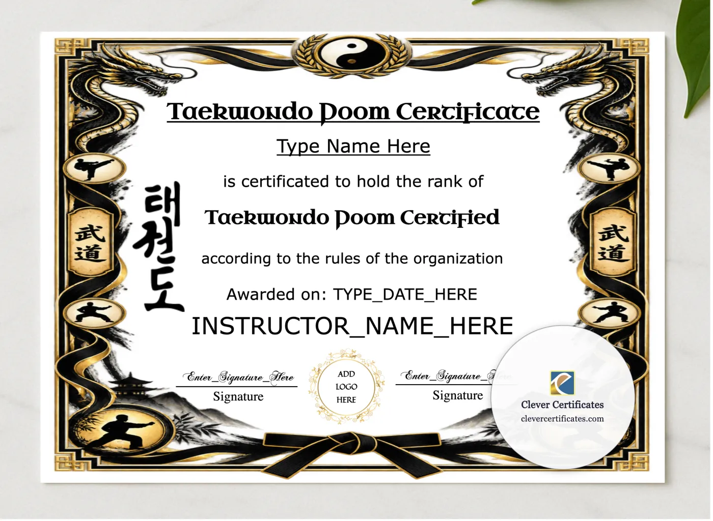 Taekwondo Poom Certificate presented in a sleek wooden frame, elegantly arranged on a stylish table.