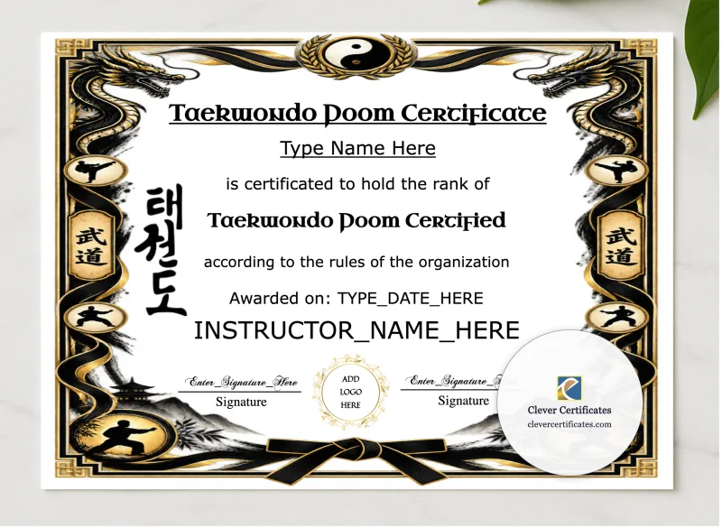 Taekwondo Poom Certificate presented in a sleek wooden frame, elegantly arranged on a stylish table.