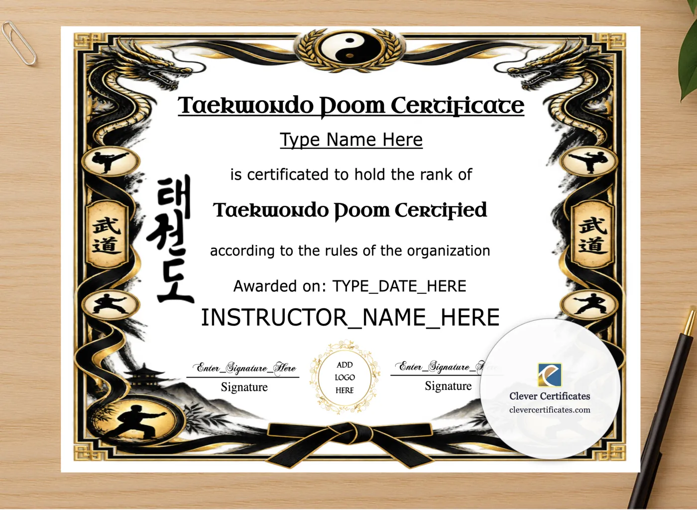Professional preview of Taekwondo Poom Certificate certificate on high-quality stationery paper, ideal for showcasing the final look.