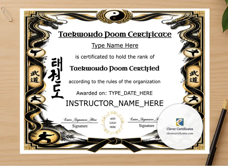 Professional preview of Taekwondo Poom Certificate certificate on high-quality stationery paper, ideal for showcasing the final look.