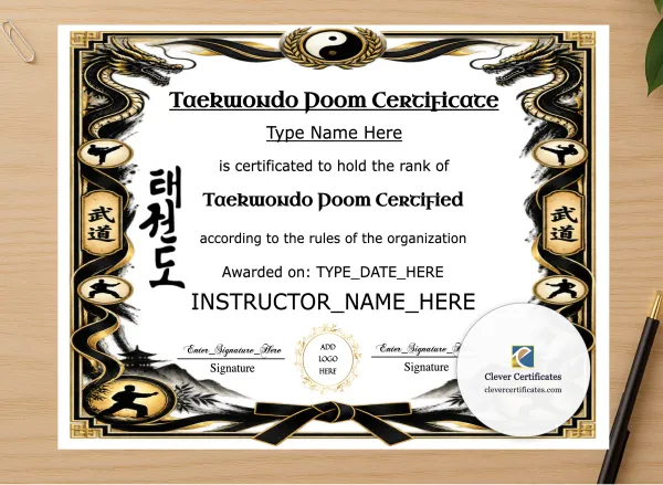 Professional preview of Taekwondo Poom Certificate certificate on high-quality stationery paper, ideal for showcasing the final look.