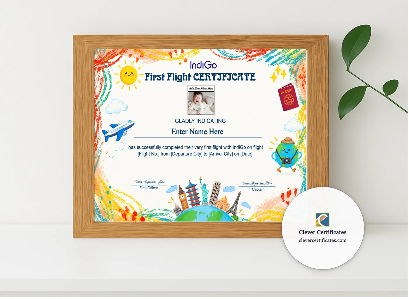 Realistic mockup featuring IndiGo Baby First Flight Certificate Landscape displayed within a modern frame, set against a minimalistic background.