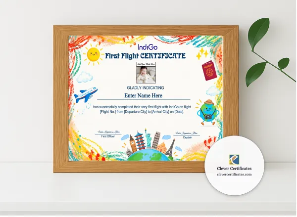 Realistic mockup featuring IndiGo Baby First Flight Certificate Landscape displayed within a modern frame, set against a minimalistic background.