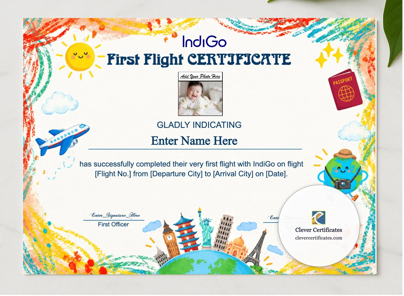 IndiGo Baby First Flight Certificate Landscape presented in a sleek wooden frame, elegantly arranged on a stylish table.