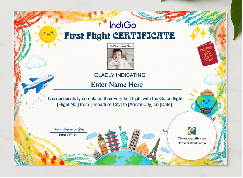 IndiGo Baby First Flight Certificate Landscape presented in a sleek wooden frame, elegantly arranged on a stylish table.