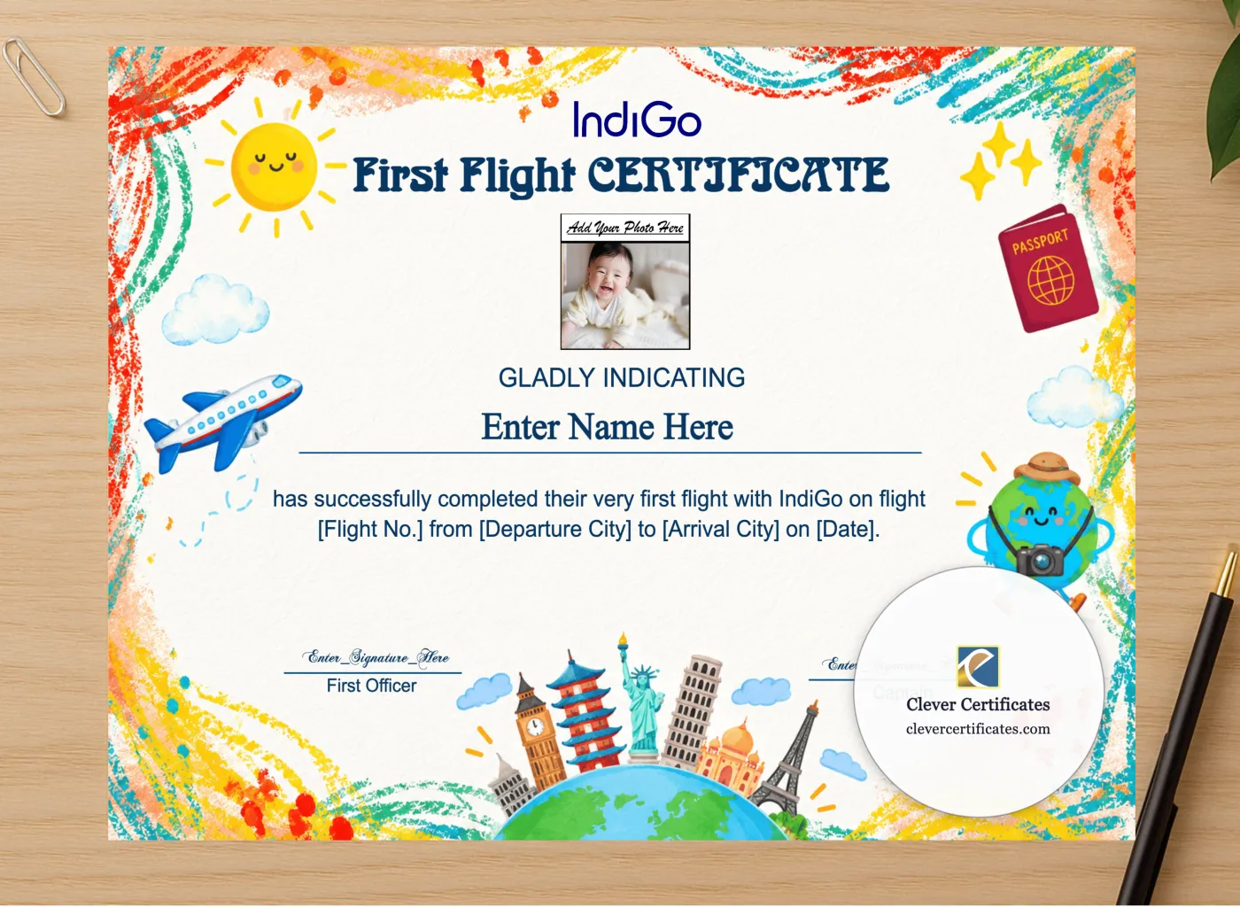 Professional preview of IndiGo Baby First Flight Certificate Landscape certificate on high-quality stationery paper, ideal for showcasing the final look.