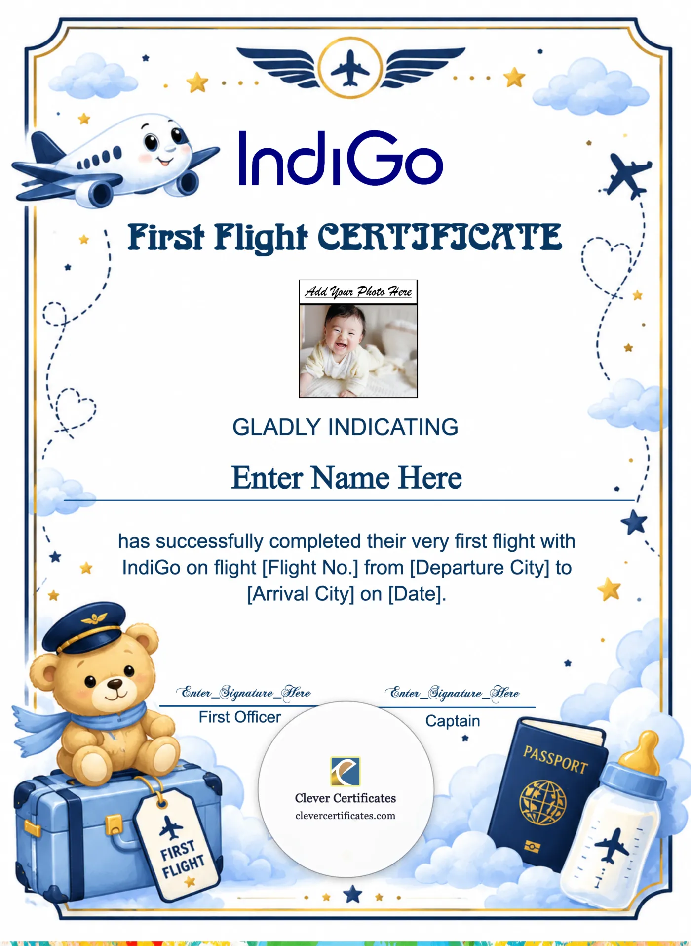 IndiGo Baby First Flight Certificate Portrait — Certificate Template Preview