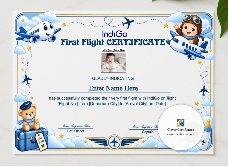 IndiGo First Flight Certificate With Photo presented in a sleek wooden frame, elegantly arranged on a stylish table.