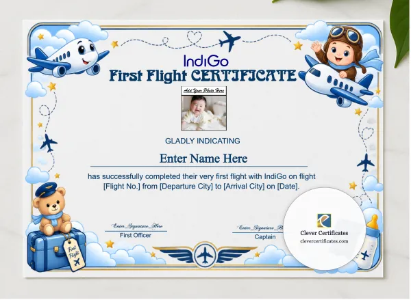 IndiGo First Flight Certificate With Photo presented in a sleek wooden frame, elegantly arranged on a stylish table.
