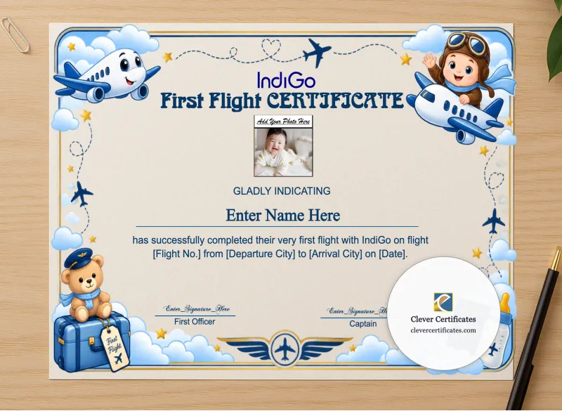 Professional preview of IndiGo First Flight Certificate With Photo certificate on high-quality stationery paper, ideal for showcasing the final look.