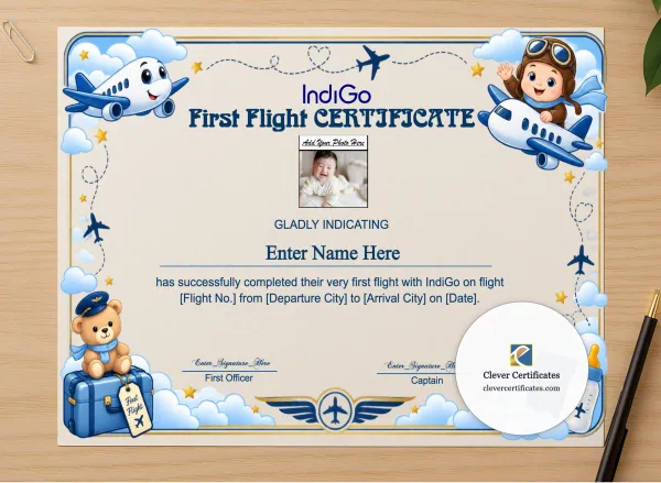 Professional preview of IndiGo First Flight Certificate With Photo certificate on high-quality stationery paper, ideal for showcasing the final look.