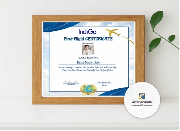 Realistic mockup featuring IndiGo Kids First Flight Certificate displayed within a modern frame, set against a minimalistic background.