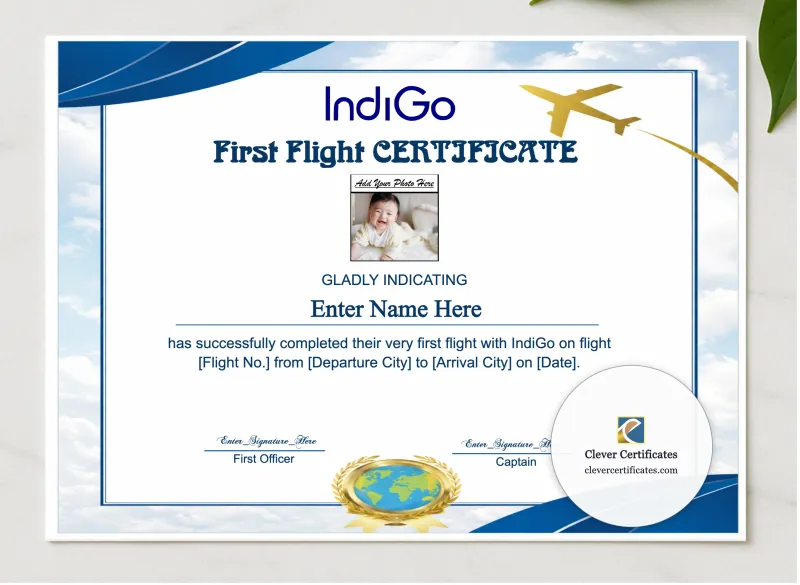 IndiGo Kids First Flight Certificate presented in a sleek wooden frame, elegantly arranged on a stylish table.