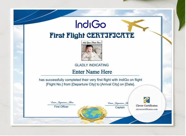 IndiGo Kids First Flight Certificate presented in a sleek wooden frame, elegantly arranged on a stylish table.