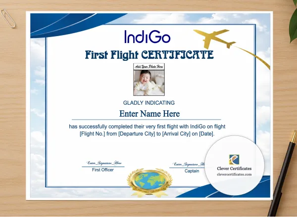 Professional preview of IndiGo Kids First Flight Certificate certificate on high-quality stationery paper, ideal for showcasing the final look.