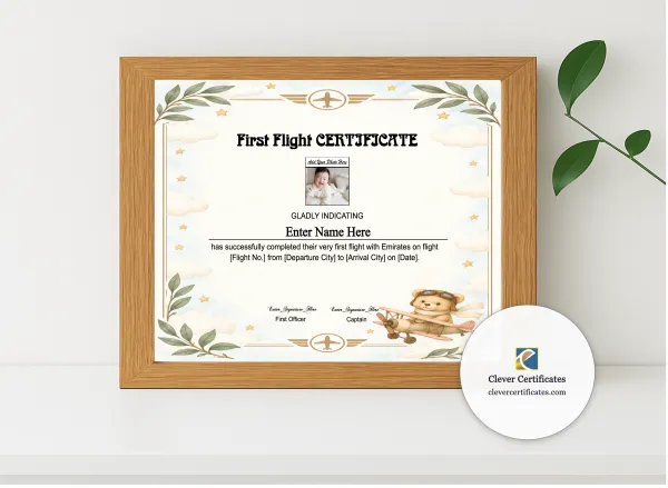 Realistic mockup featuring Emirates Baby First Flight Certificate Landscape displayed within a modern frame, set against a minimalistic background.
