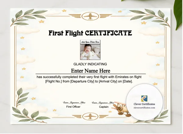 Emirates Baby First Flight Certificate Landscape presented in a sleek wooden frame, elegantly arranged on a stylish table.