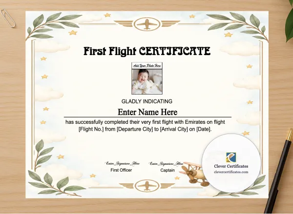 Professional preview of Emirates Baby First Flight Certificate Landscape certificate on high-quality stationery paper, ideal for showcasing the final look.