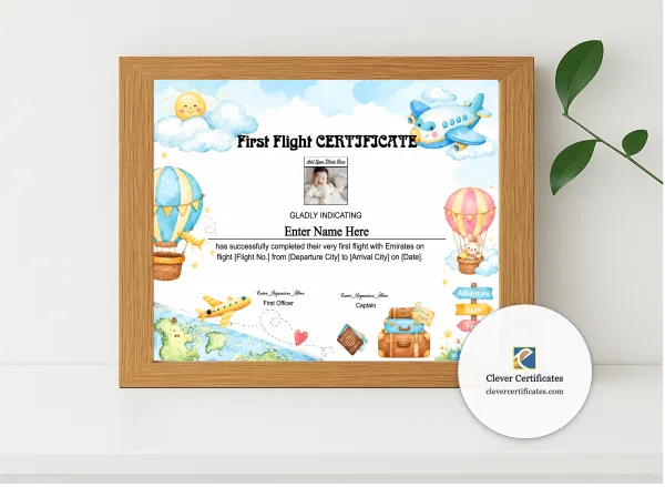 Realistic mockup featuring Emirates First Flight Certificate With Photo displayed within a modern frame, set against a minimalistic background.