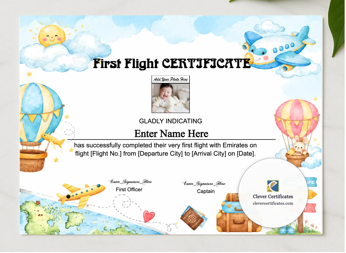 Emirates First Flight Certificate With Photo presented in a sleek wooden frame, elegantly arranged on a stylish table.