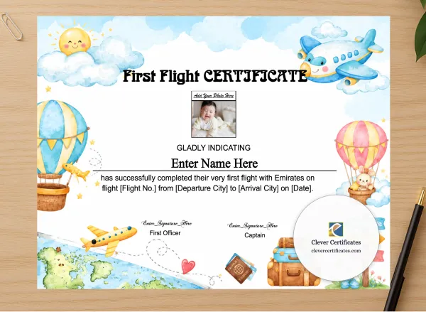 Professional preview of Emirates First Flight Certificate With Photo certificate on high-quality stationery paper, ideal for showcasing the final look.