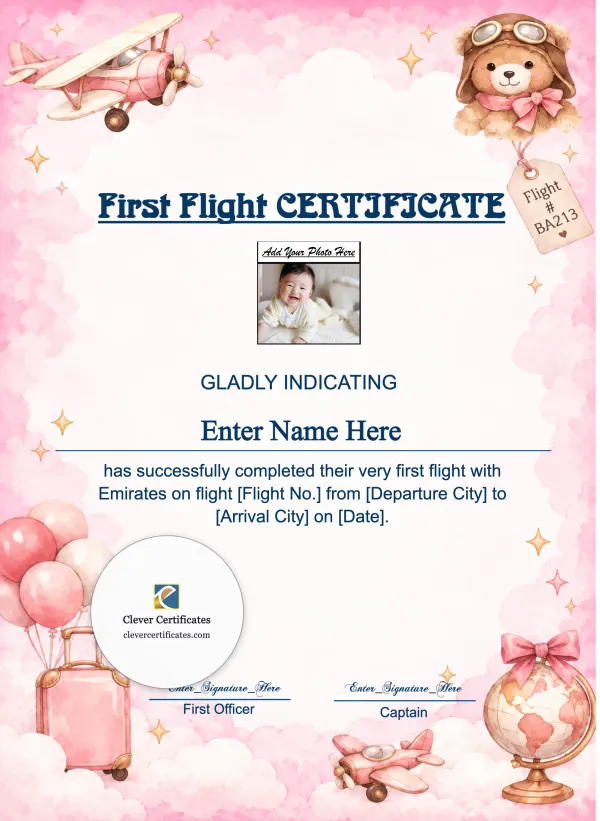 Emirates Baby First Flight Certificate Portrait — Certificate Template Preview